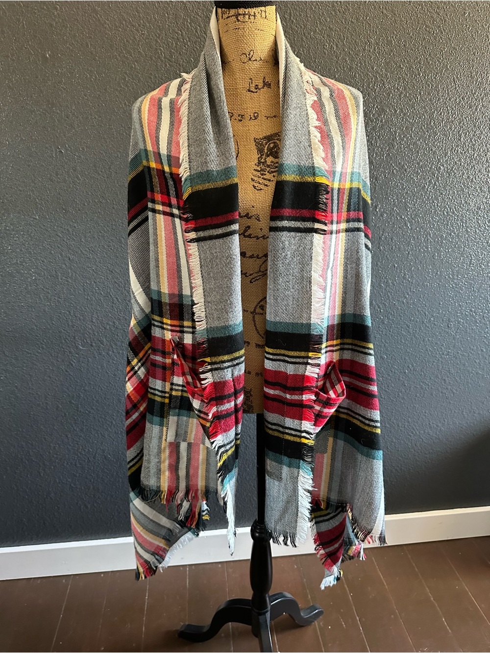 Grace & Lace Plaid Pocket Poncho Wrap Gray Red One Size